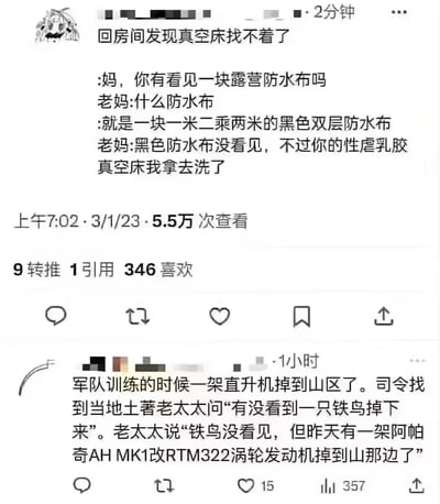 这张图片是社交媒体截图，包含两段因专业术语引发的搞笑对话。第一段对话中，用户想用委婉的方式问妈妈是否看到自己的真空床，称其为“露营防水布”，结果妈妈直接点破是“性虐乳胶真空床”并表示拿去洗了。第二段对话中，军队司令用通俗的“铁鸟”来询问直升机下落，而当地老太太却能准确说出“阿帕奇AH MK1改RTM322涡轮发动机”的专业名称。两段对话都通过普通人突然说出专业术语制造了幽默效果。