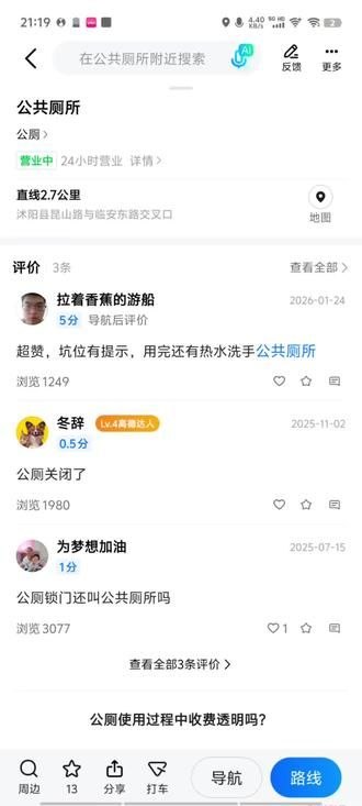 这是一张手机地图应用的公共厕所详情页截图，页面顶部显示搜索关键词为“在公共厕所附近搜索”，当前展示的公共厕所位于沭阳县昆山路与临安东路交叉口，直线距离2.7公里，平台标注该公厕为24小时营业中；下方用户评价区共有3条评价，评价内容反差强烈：2026年1月24日的用户给出满分5分的好评，夸赞公厕坑位有提示、使用后有热水洗手，而2025年11月2日的用户给出0.5分的低分评价称公厕已经关闭，2025年7月15日的用户给出1分评价吐槽“公厕锁门还叫公共厕所吗”，页面底部还有关于公厕收费是否透明的提问，以及周边、导航、路线等功能按钮，整体凸显出平台标注信息和实际运营情况不符的滑稽感。
