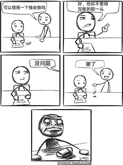 这是一则由五格画面组成的搞笑连环火柴人漫画，场景设定在桌前的日常环境中：第一格，右侧的火柴人向左侧的火柴人提出借橡皮的请求；第二格，左侧的橡皮主人同意借橡皮，但特意叮嘱对方不要使用橡皮完整的那一头；第三格，借橡皮的人爽快答应了这个要求；第四格，借橡皮的人归还橡皮，此时原本完整的橡皮头被掰下用掉，只留下使用过的旧橡皮头放在桌上，借橡皮的人开心地向主人道谢；第五格，橡皮主人看到被掰断的橡皮，露出崩溃、愤怒的扭曲表情。漫画通过反向遵守要求的荒诞操作，制造出意料之外的搞笑效果，用简单的画风放大了整活反转的笑点。