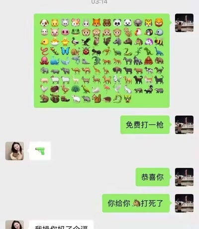 这是一张聊天对话截图，展示了一个包含动物图标的游戏界面。对话中提到'免费打一枪'，随后显示'恭喜你'和'你给你🐴打死了'的文字内容，其中包含粗话和不礼貌用语。界面上方有时间显示'03:14'，左侧有一个手持枪表情的女性头像，右侧有几张夜景城市缩略图。