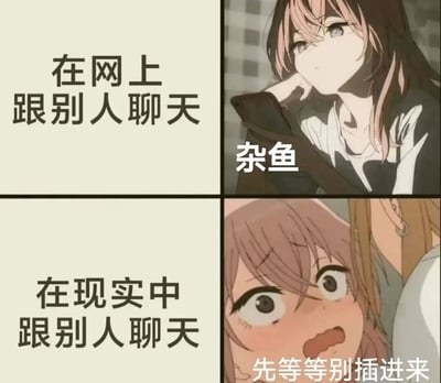 四格漫画形式展现网络与现实聊天的反差。左上格文字'在网上跟别人聊天'，右上格粉色头发动漫女孩手持手机，表情漫不经心，配文'杂鱼'；左下格文字'在现实中跟别人聊天'，右下格女孩面露惊慌，被他人靠近时喊'先等等别插进来'。通过对比幽默呈现人们在网络社交中的自信与现实社交中的紧张。