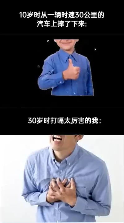 这是一张上下分栏的对比类搞笑梗图，上半部分配有文字“10岁时从一辆时速30公里的汽车上摔了下来:”，画面展示的是一个经过图像处理的穿着蓝色衬衫的人物，仅露出上半身，面带微笑，竖起大拇指，呈现出经历意外后毫发无伤、状态轻松的模样；下半部分配有文字“30岁时打嗝太厉害的我:”，画面是一位穿着蓝色衬衫的真实人物，双手按在胸口，大张着嘴，表情痛苦，看起来被打嗝折磨得十分难受。该图通过强烈的反差对比，调侃了随着年龄的增长，身体的耐受力大幅下降，年轻时面对较为严重的意外都能轻松应对，而年纪大了之后，一点小的身体不适就会让人感觉痛苦不堪，引发不同年龄段人群的共鸣。