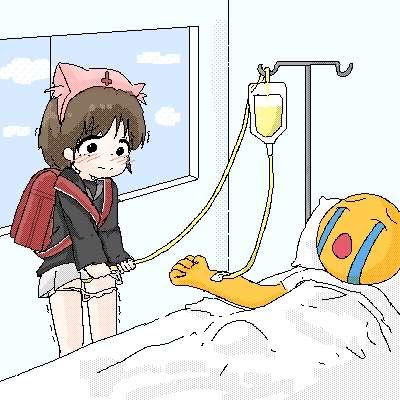 这是一张像素风格的合成P图，画面设定在医院病房场景中：《魔卡少女樱》的木之本樱戴着护士头带、背着书包，害羞地握着输液管的一端；病床上躺着一个创意拼接的角色——脸部是《精灵宝可梦》的皮卡丘，手臂是《海贼王》路飞的橡胶手臂，输液管另一端连接在这个手臂上，仿佛小樱正在给这个跨动漫的拼接角色“输送能量”。图中通过融合不同ACG作品的角色元素，恶搞输液场景，营造出荒诞搞笑的氛围。