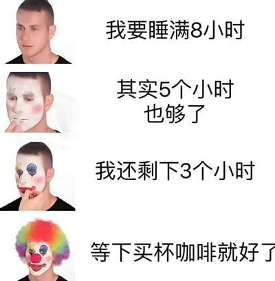 四格图文拼接梗图，展示同一男性从正常状态到逐渐小丑化的过程，对应睡眠计划不断妥协的心理变化。第一格：正常面容配文“我要睡满8小时”；第二格：面部涂白妆配文“其实5个小时也够了”；第三格：增加夸张眼妆配文“我还剩下3个小时”；第四格：彩虹假发+完整小丑妆配文“等下买杯咖啡就好了”。通过妆容逐渐荒诞化，幽默调侃现代人难以保证充足睡眠、最终依赖咖啡续命的普遍现象。
