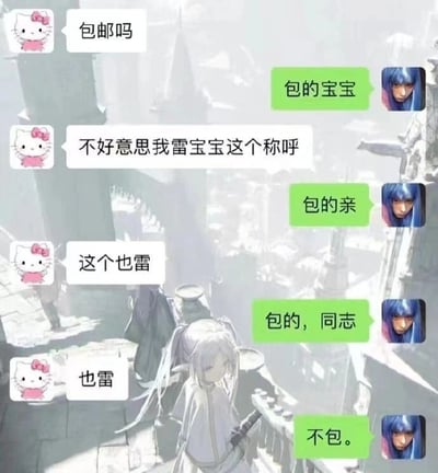 这是一张聊天记录截图，背景是带有白发持剑动漫人物的二次元场景图。对话双方为使用Hello Kitty头像的顾客和使用蓝发男性头像的客服：顾客首先询问商品是否包邮，客服回复“包的宝宝”，顾客表示反感“宝宝”这个称呼；客服随即改成“包的亲”，依旧被顾客表示反感；客服再次更换称呼为“包的，同志”，还是遭到顾客的反感；最后客服失去耐心，直接回复“不包。”，通过这种从耐心调整称呼到直接拒绝包邮的反差，制造出幽默搞笑的效果，调侃了部分顾客对称呼的过度挑剔以及客服的无奈处境。