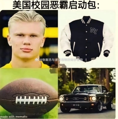 这是一张四格拼接的趣味梗图，顶部配有文字“美国校园恶霸启动包:”。四部分内容分别为左上的足球运动员哈兰德的金发背头头像，表情略带嚣张，符合大众认知里美国校园恶霸的典型外形；右上是印有NY标识的经典美式棒球服，是美国高中生常见的穿搭；左下是美式橄榄球，是美国高中热门的体育运动，校队运动员常是校园恶霸的常见身份；右下是老式福特野马跑车，是美国青少年群体中受欢迎的经典车型。整张图用这几个刻板印象元素调侃美式文艺作品里常见的校园恶霸的标配配置，玩了哈兰德外形契合该刻板印象的梗，趣味性十足。