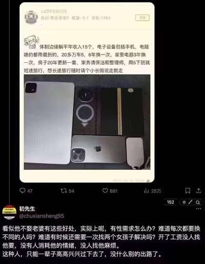 这张图是由两部分社交媒体内容拼接而成：上方是某论坛用户分享自己作为体制边缘人员，年收入15万却过着潇洒的躺平生活——使用最新款电子设备、6年更换一次20多万的车、3年更新家电、20年换房，还请家政打理家务，随时可以开启旅行，同时晒出了自己的苹果系列电子设备；下方是微博用户“初先生”的评论，看似质疑其单身的性需求问题，实则反向调侃这种无人消耗情绪、不用被人索要钱财的单身生活，是能让人一辈子高高兴兴的“最优解”，满是对这种无拘无束生活的羡慕。