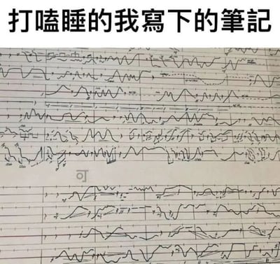 图片上方有黑色文字'打嗑睡的我寫下的筆記'，下方是一张布满杂乱无章、蜿蜒扭曲线条的纸张，这些线条形似在打瞌睡时无意识写下的笔记，毫无逻辑和内容，幽默地展现了人在困倦状态下记录笔记的真实写照。