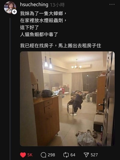 这是一则社交平台的用户动态，发布者hsucheching分享了自家的离谱经历：妹妹为了杀死一只大蟑螂，在家中使用了水烟式杀虫剂，结果操作失误导致杀虫剂烟雾大量扩散，整个房间被烟雾笼罩，还造成了人、猫、鱼虾全部中毒的严重后果，发布者表示已经在找房子准备搬出去租房住。配图是家中的现场照片，室内家具摆放杂乱，能看到柜子、高脚凳、风扇等物品，烟雾浓度很高，直观展现了这次杀虫操作的灾难性后果。这是一起真实的生活翻车事件，没有双关或谐音梗，纯粹是让人哭笑不得的家庭意外。