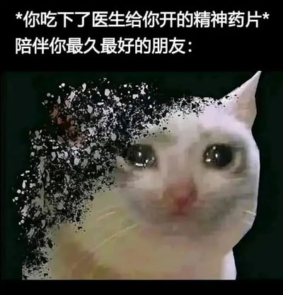 这是一张带有文字的静态P图改编梗图，图中上方有两行文字，第一行标注星号：“*你吃下了医生给你开的精神药片*”，第二行是“陪伴你最久最好的朋友：”。下方主体是一只白色猫咪，猫咪的左半部分身体呈现出类似像素破碎、逐渐消散的视觉效果，猫咪的眼睛湿润，看起来像是带着泪水，神情悲伤落寞。这张图用拟人的手法，将精神疾病患者服药后的感受具象化，暗喻服药后仿佛失去了内心最依赖的精神寄托，也就是所谓“陪伴最久的挚友”，传递出悲伤、无奈的情绪，能够引发有类似经历人群的情感共鸣。