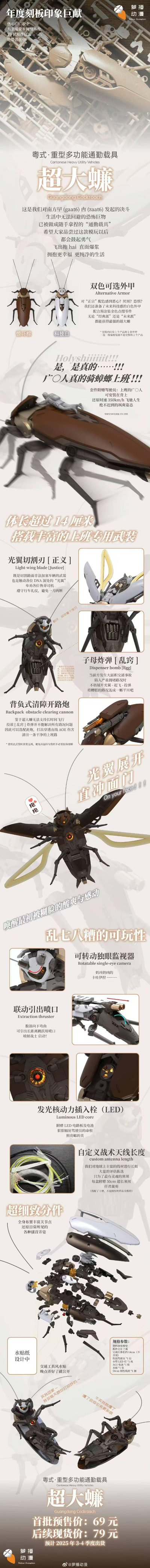 这是萝播动漫推出的原创整活模玩创意宣传长图，以广东人熟知的巨型蟑螂为原型，玩梗广东蟑螂体型庞大的地域刻板印象，将其设计为「粤式·重型多功能通勤载具」，命名为「超大蠊」。

宣传内容包含两种配色（惊吓棕、科技白）的外甲，还脑洞大开地设计了各种针对上班通勤的「武装配件」：光翼切割刃（应对加塞）、子母炸弹「乱窑」（谐音粤语「乱噏」，应对拥堵）、背负式清障开路炮，同时展示了模玩的可动结构、LED发光组件、自定义天线等细节，全程用玩梗的语气调侃，比如「广○人真的骑蟑螂上班」，把生活里的「恐怖巨物」变成上班代步的机甲载具，结合地域梗与职场通勤梗，脑洞拉满。