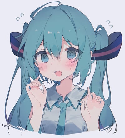 这是一幅VOCALOID虚拟歌手初音未来的同人插画，画面中的初音未来有着标志性的蓝绿色双马尾，眼睛变成螺旋状，脸颊泛起明显红晕，额角挂着汗珠，双手做出蜷缩抬起的小动作，头部两侧还有代表慌乱的曲线符号，整体呈现出害羞、慌乱又有点晕乎乎的软萌状态，画风清新柔和，是充满可爱感的二次元风格创作。