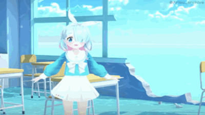 这是一段动态GIF，画面呈现了一个教室场景：一位浅蓝渐变发色的二次元少女站在课桌前，双手搭在桌沿，脸上露出无措的神情；而教室的窗户已被汹涌的海水冲破，海水正不断涌入教室，整个场景充满荒诞的意外感，仿佛在表现突如其来的极端状况。