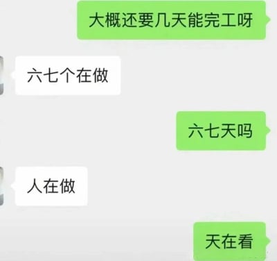 这是一张聊天记录截图梗图，展示了一段因语义歧义引发的幽默对话。绿色气泡的提问方询问“大概还要几天能完工呀”，白色气泡的回答方回复“六七个在做”，提问方误以为是“六七天吗”，回答方进一步澄清“人在做”，最终提问方用“天在看”收尾，形成了对成语“人在做，天在看”的巧妙化用，充满职场沟通中的误解笑点。