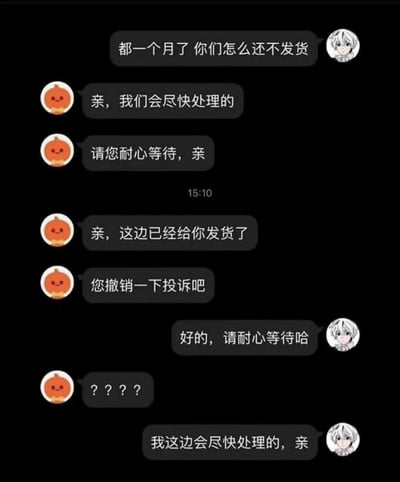 这是一张聊天记录截图，展示了顾客与客服之间关于延迟发货的有趣对话。顾客抱怨一个月还未收到商品，客服以标准话术回应，当客服声称已发货并要求撤销投诉时，顾客模仿客服语气回复"好的，请耐心等待哈"和"我这边会尽快处理的，亲"，让客服陷入困惑，用"？？？？"回应。整个对话充满了幽默的反转，反映了常见的网购客服沟通场景。