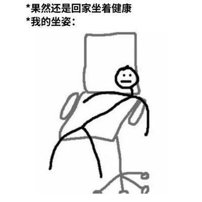 这是一张图文混排的简笔画搞笑梗图，顶部先给出“果然还是回家坐着健康”的常见想法，随后引出“我的坐姿”的对比内容，下方绘制了一个火柴人以几乎躺平、完全不端正的奇怪姿势瘫在办公椅上，用夸张的反差感吐槽当代人自以为回家坐着更健康，实则坐姿非常不规范、反而不利于健康的真实状态，很容易引发大众共鸣。