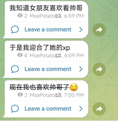 这是一张模仿Telegram聊天评论区风格的梗图，内容是男友因为女友喜欢帅哥，于是自己也被带偏导致喜欢帅哥，表达了一种被另一半“带跑偏”趣味现象。图片用诙谐自嘲的语气呈现情侣之间的互动，配有社交媒体气泡和挑逗表情，整体气氛轻松幽默，略带调侃和二次元语境下网络性癖“双关”。