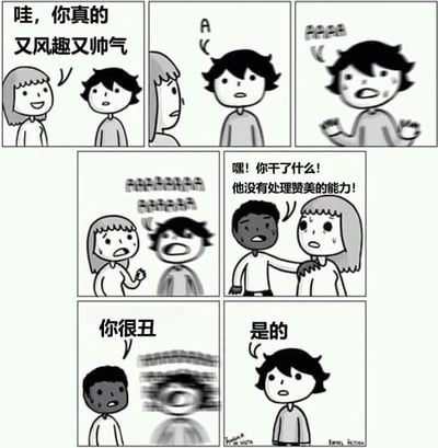 这是一组黑白连环漫画，共7个 panels，讲述了一个女孩夸赞黑发男孩“哇，你真的又风趣又帅气”，男孩先是疑惑（“A”），随后开始慌乱（“啊啊啊”），女孩也跟着慌乱（“啊啊啊啊啊”）。此时，一个深色皮肤的男孩出现，质问女孩“嘿！你干了什么！他没有处理美的能力！”，接着对黑发男孩说“你很丑”，黑发男孩最终无奈回应“是的”。整个漫画通过夸张的表情和对话展现了一场因夸赞引发的搞笑误会。