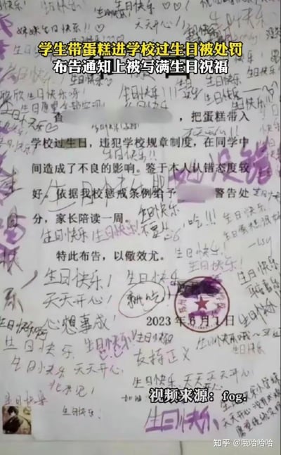 一张学校布告通知被大量手写生日祝福覆盖的照片。通知内容显示某学生因带蛋糕进学校过生日被给予警告处分并要求家长陪读一周，日期为2023年6月7日。整个通知被各种颜色的手写"生日快乐"、"天天开心"等祝福文字覆盖，形成了处罚通知与生日祝福的鲜明对比。
