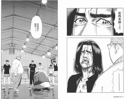 图片为《灌篮高手》漫画经典场景，左侧画面展示三井寿在篮球馆内跪地低头，对安西教练说出经典台词'我想打篮球...'，周围有樱木花道、流川枫等队员围观；右侧为三井寿痛哭的面部特写及与安西教练对视的画面，展现其悔恨与回归篮球的决心。