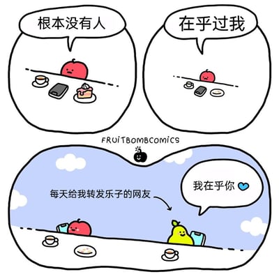 这是FRUITBOMBCOMICS创作的治愈系连环漫画，共分为三个场景：第一格中，红色苹果独自坐在桌前，面前摆着咖啡、手机和蛋糕，一脸沮丧地说出“根本没有人”；第二格中，苹果面前的蛋糕已被吃完，它仍满脸难过地继续说道“在乎过我”，传递出强烈的孤独感；第三格场景切换到户外蓝天白云下，苹果面前的蛋糕只剩空盘，旁边出现了标注为“每天给我转发乐子的网友”的黄色梨，梨面带微笑对苹果说“我在乎你 💙”，此时苹果的表情也转为开心，整个故事用可爱的卡通水果形象，展现了从孤独失落被网络陌生人温暖治愈的过程，引发人们对网络社交中善意的共鸣。