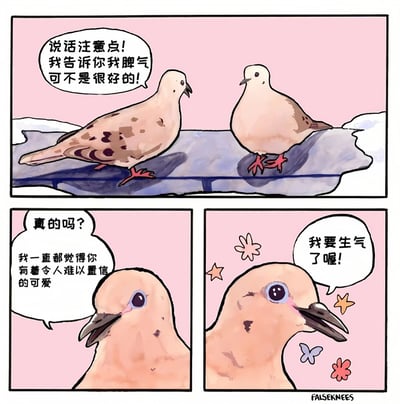 这是一幅三格连环漫画，主角是两只鸽子。上格中，左侧鸽子站在灰色的台面上，对着右侧鸽子生气地说：“说话注意点！我告诉你我脾气可不是很好的！”，背景为粉色。中格是右侧鸽子的特写，它温柔地回应：“真的吗？我一直都觉得你有着令人难以置信的可爱”。下右格中，左侧鸽子周围出现星星和花朵装饰，嘴巴微张说：“我要生气了喔！”，表情却显得十分可爱，形成生气与卖萌的反差萌效果。