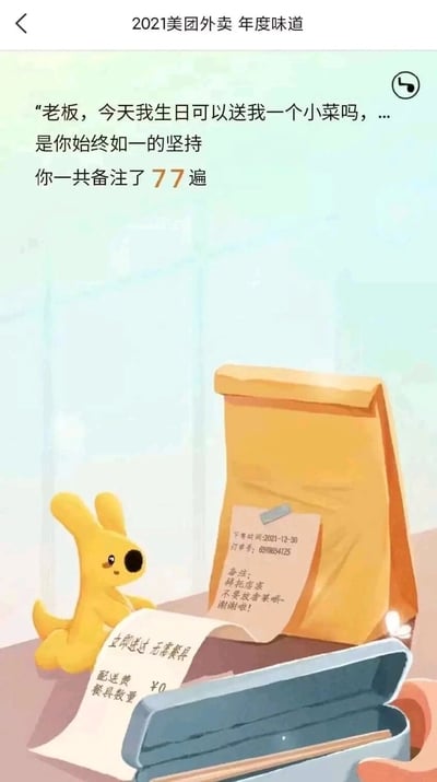 这是美团外卖2021年度味道的趣味总结页面，采用卡通插画的竖屏形式呈现。画面中，美团外卖的黄色品牌袋鼠形象趴在桌边，旁边是黄色外卖包装袋，袋上贴着的订单小票显示下单时间为2021-12-30、订单号6598654125，备注内容为“拜托店家不要放香菜哦~谢谢啦！”，下方还有一张写着“立即送达 无需餐具、配送费¥0”的单据。页面上方的文字总结了用户的有趣消费细节：用户曾77次在外卖备注里写下“老板，今天我生日可以送我一个小菜吗”，以幽默的方式展现用户在外卖备注里的小坚持，结合订单里的无香菜备注，还原了普通用户的外卖日常，充满生活烟火气与趣味感。