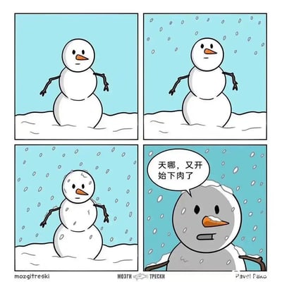 四格连环漫画，主角为雪人。第一格：雪人站在雪地中，背景为浅蓝色，表情平静；第二格：天空开始飘雪，雪人表情无明显变化；第三格：雪越下越大，雪人身上落满雪花；第四格：雪人全身变成灰色，头顶有积雪，惊讶地说：'天哪，又开始下肉了'。通过'下肉'谐音'下雪'制造幽默，暗示雪花像肉一样堆积在雪人身上使其变色。