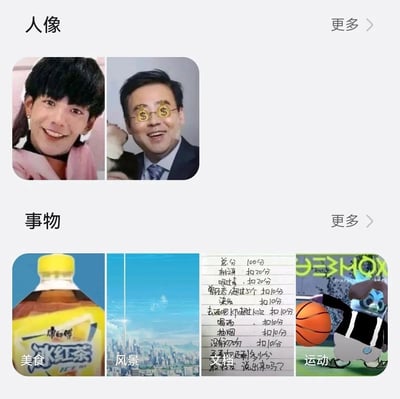 这张图片模仿手机相册的分类展示界面，分为「人像」和「事物」两个板块：1. 人像板块：包含两张恶搞图，左图是一位男士男扮女装，身着粉色上衣，面带笑容看向镜头；右图是一位抱着小狗的西装男士，眼睛被P上了带有美元符号的特效，表情开怀，充满戏谑感。2. 事物板块：包含四张被错位分类的图，分别是被标注「美食」的康师傅冰红茶饮料、标注「风景」的城市天际线景观图、一张手写的趣味扣分清单（总分100分，列出纹身、吸毒、恋人过多等扣分项目，末尾调侃式询问剩余分数并号召转发）、标注「运动」的蔡徐坤恶搞形象（是“鸡你太美”相关的打篮球恶搞图）。整体是网友将各类网络梗图进行相册分类式拼接，制造错位和搞笑的效果。