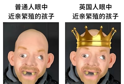 这是一张对比梗图，左侧标题为'普通人眼中近亲繁殖的孩子'，展示一个面部特征夸张的人物；右侧标题为'英国人眼中近亲繁殖的孩子'，展示同一个人物但头上添加了金色皇冠。图片通过夸张手法和文化刻板印象，幽默地讽刺了英国皇室历史上近亲结婚的现象。