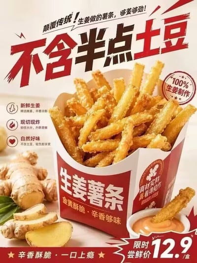 这是一张创意食品的商业宣传海报，整体风格醒目突出食欲。画面中心是红白色包装的外带盒，盒身印有“生姜薯条 金黄酥脆·辛香够味”字样，盒内装满了外观类似传统土豆薯条的金黄色条状物。外带盒左侧摆放着新鲜的整颗生姜与切片生姜作为原料展示，右下角有一小碗浅橙色蘸酱，酱中插着一根生姜薯条。海报顶部用醒目的红黑大字标注核心宣传语“颠覆传统！生姜做的薯条，够姜够劲！不含半点土豆”，旁边搭配圆形标识注明“100%生姜制作”；海报左侧列出三大产品卖点：新鲜生姜（精选嫩姜，辛香浓郁）、现切现炸（锁住水分，外酥里嫩）、自然好味（不含土豆，轻负担享受）；海报底部左侧标注产品特点“辛香酥脆·一口上瘾”，右侧标明限时尝鲜价为12.9元每盒。