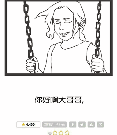 这是一张顶配底文的静态黑白线稿图，属于图文混排的带边框内容。画面主体是一位长发人物，闭着双眼，脸上露出怪异的咧嘴笑容，双手紧紧握住秋千的金属链条，呈现出坐在秋千上的姿态。图片下方配有简体中文文字“你好啊大哥哥,”，底部是类似日本插画社交平台的界面，显示有点赞数4400、发布时间“22時間くらい前”（约22小时前），还有分享、收藏等功能图标以及星级评分区域。整体画风怪异，和亲切的打招呼文字形成反差，常被用作风格独特的打招呼表情素材。