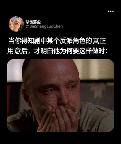这是一张社交媒体梗图，上方是用户'悲伤落尘'的文字：'当你得知剧中某个反派角色的真正用意后，才明白他为何要这样做时：'，下方是一张电影/电视剧截图，显示一名光头男子双手掩嘴，表情充满震惊和理解。这张梗图幽默地表达了观众在了解反派角色背后动机后的情感反应。