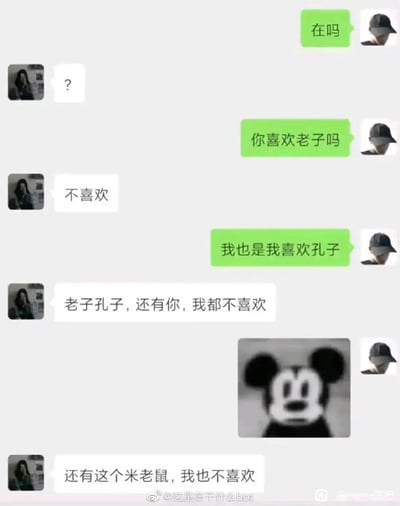 这是一段充满反差感的搞笑聊天记录截图：用户A原本想用“老子”的双关梗（既是中国古代思想家，又是口语化的自称）和对方互动，先询问“你喜欢老子吗”，在得到对方“不喜欢”的回复后，顺势表示自己喜欢孔子，试图推进话题，没想到对方直接给出“老子孔子，还有你，我都不喜欢”的扎心回复。用户A发送了一张表情呆滞、满是无语感的魔改米老鼠表情包试图缓解尴尬，结果对方连这个表情包里的米老鼠也一并否定，全程对话将用户A的整活计划彻底打破，充满了毫不留情的笑点与扎心感。