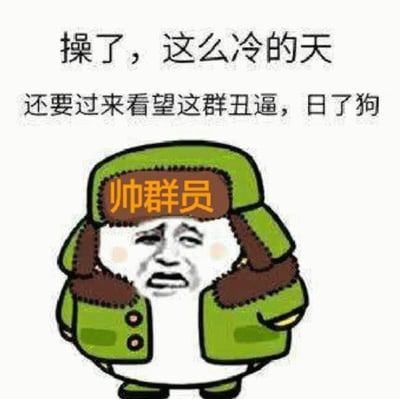 图片中是一个戴着绿色帽子和绿色外套的卡通形象，帽子上有橙色的“帅群员”字样。角色面部表情显得无奈，脸颊带有红晕。图片上方配有文字：“操了，这么冷的天还要过来看望这群丑逼，日了狗”。通过自嘲式的幽默，将自己称为“帅群员”，却要在寒冷天气去看望“丑逼”，形成反差笑点，表达了不情愿却又不得不做某事的无奈情绪。