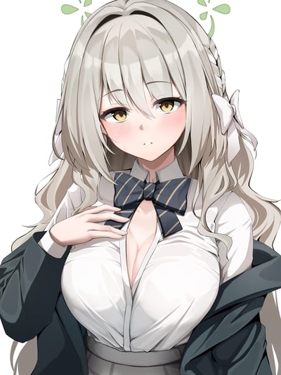 这是一张AI生成的二次元风格插画，画面中是一位银灰色长卷发的少女：头发编有侧边发辫，还系着白色蝴蝶结，琥珀色眼眸带着怯意，脸颊泛起明显的红晕，脸颊旁挂着一滴汗珠，尽显羞涩；她身着解开领口的白色衬衫，搭配深色带浅黄条纹的领结，外搭的深色外套随意地搭在手臂上，一只手轻放在领结处。背景是干净的白色，上方点缀着绿色的小花图案，整体氛围软萌又带着青涩感。