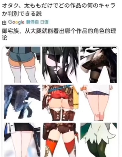 这是一张由9张动漫角色腿部特写组成的九宫格图片，上方配有文字说明“御宅族，从大腿就能看出哪个作品的角色的理论”。图片通过展示不同动漫角色的腿部特征（包括袜子、服装、腿部线条等），幽默地调侃资深动漫爱好者（御宅族）能够仅凭角色的腿部特征就识别出其出自哪部作品的现象。