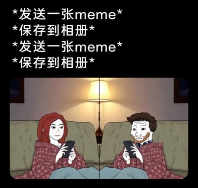 这张meme采用左右分镜的静态卡通画面，呈现了一对盖着同一条毯子、并排坐在沙发上的伴侣，两人各自低头专注于手中的手机。上方重复的文字“*发送一张meme* *保存到相册*”，精准还原了当代亲密关系中常见的有趣互动：即使身处同一空间，两人依然通过手机互相分享梗图，同时又默默将对方发送的内容保存到自己的相册。画面里红头发女生表情平淡，男生则带着疲惫又微妙的神情，生动刻画出这种沉浸在网络互动里的日常状态，充满对当代人线上社交习惯的调侃。