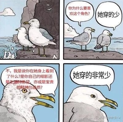 这是一个四格连环卡通梗图，场景设定在海边的岩石上：
1. 第一格：两只海鸥站在海边岩石上；
2. 第二格：一只海鸥提问“你为什么要喜欢这个角色？”，被问的海鸥直白回答“她穿的少”；
3. 第三格：提问的海鸥开始拔高话题，发出灵魂拷问：“不，我是说你在她身上看到了什么？是你自己的缩影还是生活的希望，亦或是宝贵的精神与品质？”；
4. 第四格：被问的海鸥面无表情地重复强调“她穿的非常少”。
梗图用强烈的反差感制造笑点，将过度拔高的深刻提问拉回最直白的回答，讽刺了对个人喜好进行无意义过度解读的行为。