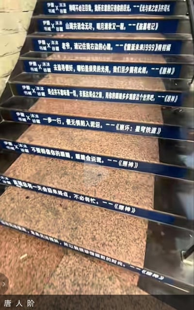 这是伊宁书城与冰冻谷的联动线下布置，在楼梯的每级台阶侧面，都贴上了来自《光与夜之恋》《盗墓笔记》《重返未来1999》《原神》《崩坏：星穹铁道》等热门ACG作品的经典台词，每一句都传递出治愈、励志的氛围，为ACG爱好者打造了沉浸式的打卡场景，适合喜欢这些作品的人前来拍照留念。