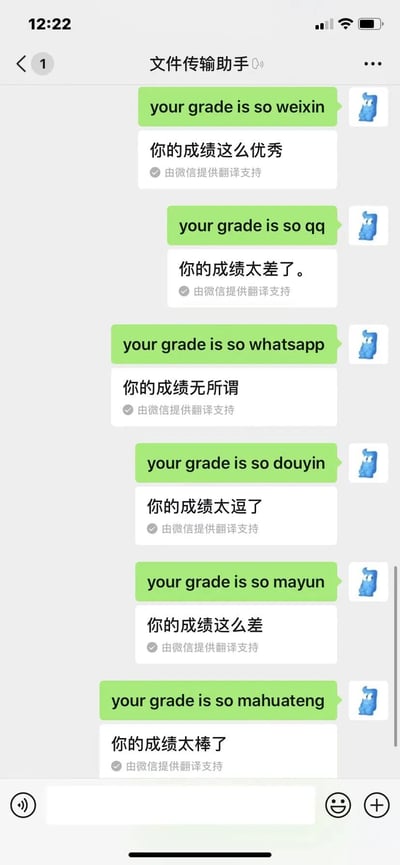 这是一张微信文件传输助手的聊天记录截图，用户连续发送了六句格式为“your grade is so + 社交软件名称/互联网人名”的英文句子，微信翻译功能为每句英文提供了对应的中文翻译，这些翻译玩起了谐音和品牌刻板印象的梗：将“weixin（微信）”翻译为“成绩优秀”，“qq（QQ）”翻译为“成绩太差”，“whatsapp（海外社交软件）”翻译为“成绩无所谓”，“douyin（抖音）”谐音“逗”翻译为“成绩太逗了”，“mayun（马云）”翻译为“成绩这么差”，“mahuateng（马化腾）”翻译为“成绩太棒了”，通过这种反差感和趣味翻译制造笑点，属于网友创作的趣味网络梗内容。