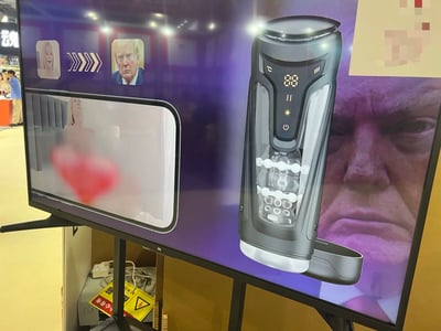 图片展示了一个展览现场的大型屏幕，屏幕上主要展示了一款黑色的电子设备，设备正面有数字显示屏显示“88”。屏幕左侧有两个人物头像，分别是一位女性和美国前总统唐纳德·特朗普，头像之间有箭头符号连接。屏幕左下角还有一个小窗口，显示一位女性使用该设备的场景。背景中可以看到展览现场的部分环境，有其他展位和参观者。