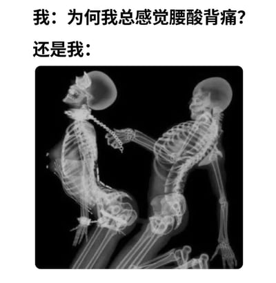 这张梗图上方文字写着"我：为何我总感觉腰酸背痛?"，下方接着"还是我："，并配有一张X光风格的黑白图片。图片中显示两个骷髅骨架以亲密姿势互动，其中一个骷髅用链条牵着另一个骷髅的颈部。

图片通过幽默的方式展现了人们一边抱怨腰酸背痛，一边又进行可能导致不适的活动的矛盾行为，形成了强烈的讽刺和搞笑效果。