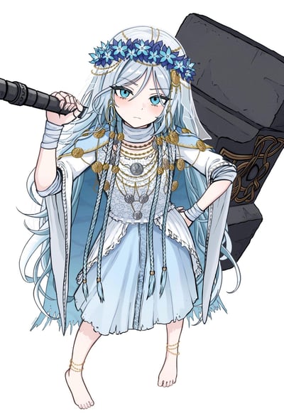 这是一幅原创二次元手绘插画，画面主体是一位银发蓝眼的少女：她头戴蓝色星状花环与半透明白色头纱，搭配金色挂饰；身着白蓝底色、缀满金色圆形装饰的民族风服饰，脖颈间有多条项链装饰，赤着脚，脚踝处有金色脚链。少女一只手将带有暗纹的巨型石锤扛在肩头，另一只手叉腰，脸上泛着淡淡的红晕，表情严肃却又带着一丝羞涩，完美融合了柔美与力量感，背景为纯白色，突出人物主体。