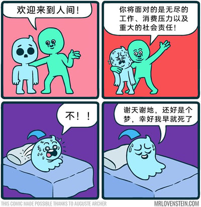 这是一则充满黑色幽默的四格卡通漫画，以鬼魂的视角调侃了现实生活的压力。第一格中，绿色的引导类卡通角色热情地搭着蓝色鬼魂的肩膀，笑着对它说“欢迎来到人间！”；第二格中，背景变为红色，绿色角色依旧搭着已经满脸惊恐、浑身冒汗的蓝色鬼魂，向它介绍人间需要面对的“无尽的工作、消费压力以及重大的社会责任”；第三格中，画面切换到紫色背景，蓝色鬼魂从床上猛地惊醒，满脸冷汗、大张着嘴尖叫“不！！”，显然被刚才的“人间预告”吓得不轻；第四格中，蓝色鬼魂缓过神来，擦着脸上的冷汗，一脸庆幸地感叹“谢天谢地，还好是个梦，幸好我早就死了”，用反套路的结局，将现实压力的沉重感以荒诞的方式展现出来，讽刺了当代人需要背负的巨大生活与职场压力，甚至让“死亡”都成为了一种解脱的庆幸。