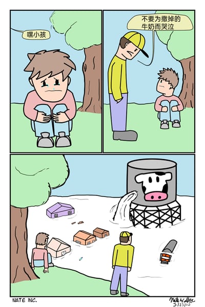 这是一幅四格讽刺漫画：第一格中，一个小男孩蹲在树下，满脸泪痕，双手抱膝，显得十分悲伤，此时传来“嘿小孩”的呼唤；第二格中，一位戴着黄色帽子的成年男子走到小男孩面前，用经典谚语“不要为撒掉的牛奶而哭泣”安慰他，这句谚语原本用于劝导人们不要为无法挽回的小事过度难过；第三、四格揭示了小男孩哭泣的真相：一个印有奶牛头像的巨型储液罐发生破裂，大量类似牛奶的液体喷涌而出，整个小镇都被淹没，房屋泡在液体中，小男孩正是因为这场灭顶之灾而哭泣，男子的安慰在此刻显得无比讽刺，漫画通过这种巨大的反差制造了黑色幽默的效果。