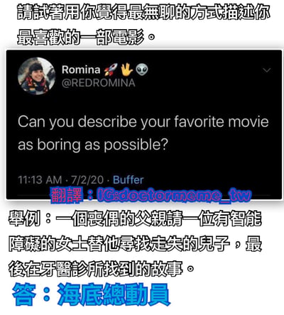 图片上方为中文标题“請試著用你覺得最無聊的方式描述你最喜歡的一部電影”，中间是Twitter用户Romina (@REDROMINA)于2020年7月2日11:13发布的帖子截图，内容为英文提问“Can you describe your favorite movie as boring as possible?”，下方有翻译水印“翻譯：IG:doctormeme_tw”。图片底部是中文示例描述“一個喪偶的父親請一位有智能障礙的女士替他尋找走失的兒子，最後在牙醫診所找到的故事”及蓝色文字答案“答：海底總動員”。通过用极其平淡的语言描述《海底总动员》的核心剧情，形成强烈反差，达到幽默搞笑的效果。