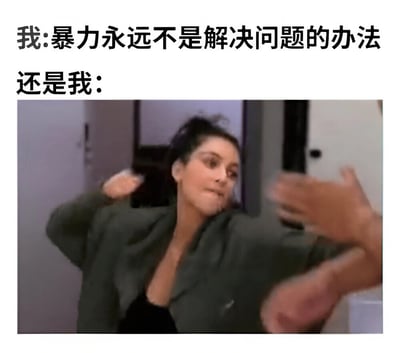 图片上方有两行文字：“我:暴力永远不是解决问题的办法”和“还是我:”。下方是一个视频截图，显示一名女性穿着深色外套，表情愤怒，一只手握拳做出攻击姿态，另一只手拿着手机自拍。通过文字与画面的对比，形成了强烈的反差幽默效果，讽刺了人们言行不一的现象。