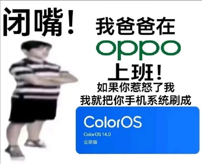 这是一张经过二次创作的搞笑P图，画面左侧是一个双臂交叉抱胸、神态嚣张跋扈的小男孩，右侧搭配了一系列趣味文字：“闭嘴！我爸爸在oppo上班！如果你惹怒了我，我就把你手机系统刷成ColorOS 14.0公测版”，下方还配有蓝色的ColorOS 14.0公测版的标识图。这张图改编自网络经典的“我爸爸在XX上班”的嚣张小孩梗，通过将“威胁”内容替换成刷OPPO的ColorOS公测版，来幽默调侃ColorOS公测版可能存在的bug或不够完善的用户体验，用小孩子耍横的语气放大这种调侃的趣味性，属于数码爱好者圈子里的趣味吐槽内容。