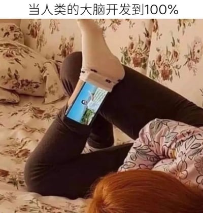 这张图展示了一个另类的懒人妙招：用袜子把手机绑在小腿上，解放双手躺着看手机。配上文字“当人类的大脑开发到100%”，讽刺又搞笑，突出脑洞与懒惰的结合。没有明显谐音梗，但以夸张形式展现生活智慧。